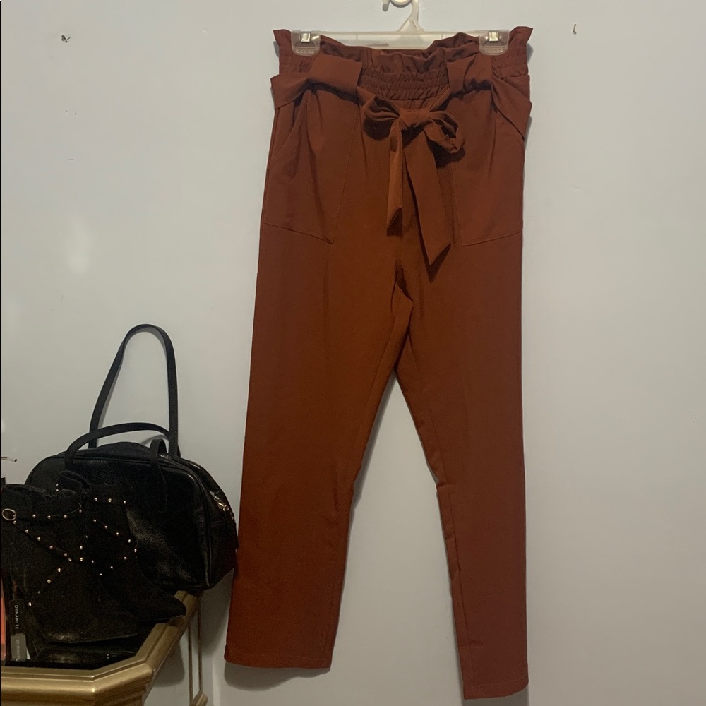 Women's High-Waist Paperbag Pants with Tie Belt - Rust fits small.